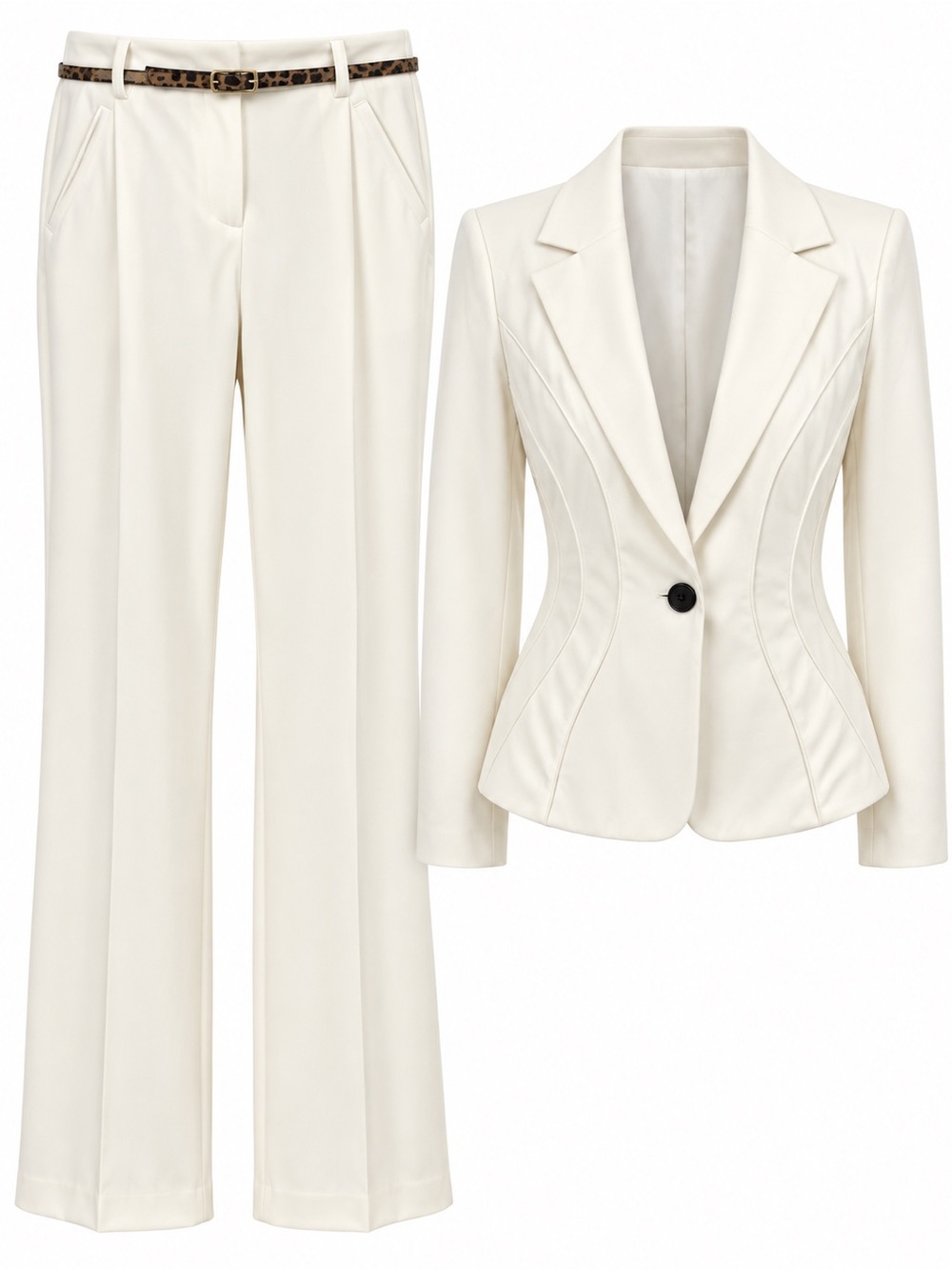 XOXO Women’s XL Winter White 2 Piece Pant Suit Blazer Wide Leg Pants Belted - Picture 2 of 7
